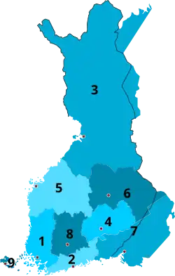 1922-1938 1 Turku and Pori 2 Uusimaa 3 Oulu 4 Mikkeli 5 Vaasa 6 Kuopio 7 Viipuri 8 Tavastia 9 Åland
