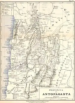 Map of Antofagasta Province in 1895. Caracoles is marked out east of Mejillones and south of Calama.
