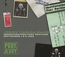 A Merriweather Post Pavilion ticket stub, a Keystone Berkeley napkin, two photos of Jerry Garcia as a stage magician conjuring a guitar from out of a hat, and a backstage pass for the Jerry Garcia Band