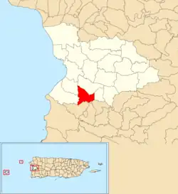 Location of Río Hondo within the municipality of Mayagüez shown in red