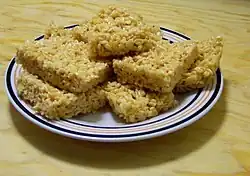 Commercially-prepared Rice Krispies Treats made from puffed rice mixed with marshmallow