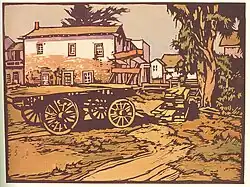 woodblock print showing Robert Louis Stevenson's house in Monterey, California