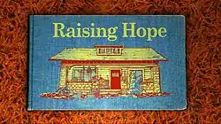 The cover of a blue storybook, with the words 'Raising Hope' written in yellow above a picture of a house.