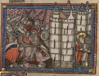 A dozen horsemen, each holding a sword and a shield at a fortress the gates of which are defended by foot soldiers