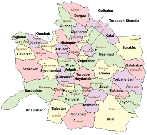 Location of Torqabeh and Shandiz County in Razavi Khorasan province (center right, purple)