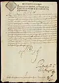 Royal Decree (Real cédula) of 1649 signed by Juan Bautista Sáenz Navarrete so that the construction of the Cathedral of Guadalajara, Mexico, is finished soon.
