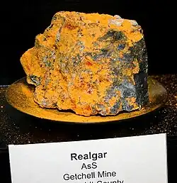 Realgar, an arsenic sulfide mineral 1.5-2.5 Mohs hardness, is highly toxic. It was used since ancient times until the 19th century to make red-orange pigment, as a poison, and a medicine.