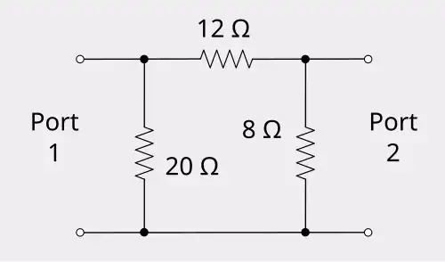 An asymmetrical attenuator in Pi formation with resistor values 20, 12 and 8 Ω left to right