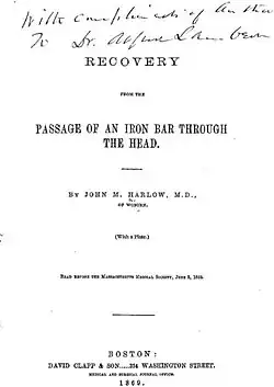 The cover of a journal article titled "Recovery from the passage of an iron bar through the head".