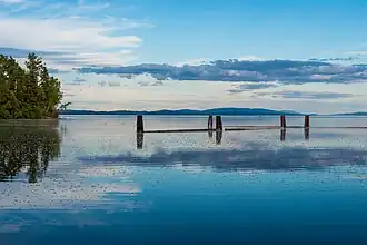 Four stumps poking out of the water in a lake with a sunset in the background