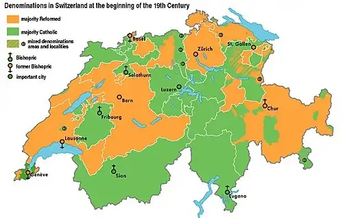 Image 2Religious geography in 1800 (orange: Protestant, green: Catholic) (from History of Switzerland)