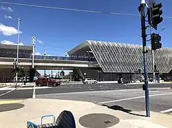 The new elevated station viewed from Edwardes and Spring Streets, December 2020