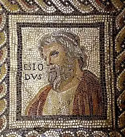 Monnus mosaic from the end of the 3rd century AD. The figure is identified by the name ESIO-DVS (Hesiod).