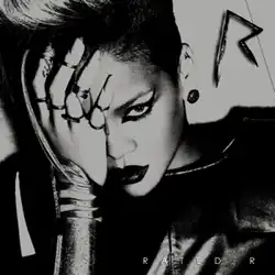 A black-and-white image of Rihanna wearing a leather jacket. Her hair is side-shaved, wears dark lipstick and her eye is covered with her hand. In the upper right corner there is a metal 'R' sign, while in the bottom right corner the words 'Rated R' are written in white letters.