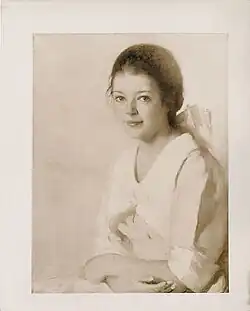 black and white painting of a woman with a light smile