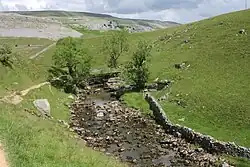 River Twiss, Raven Ray footbridge. To the north the limestone slopes of Keld Head Scars rise to the summit of Gragareth