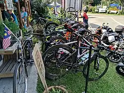 Road bike stacked in a bicycle parking