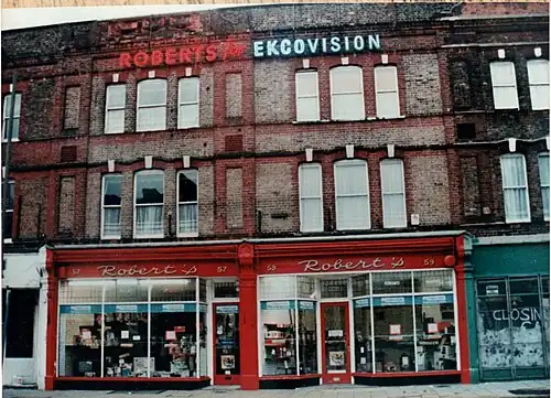 Original "Roberts for Ekcovision" neon sign on Bedford Hill (c. 1985)