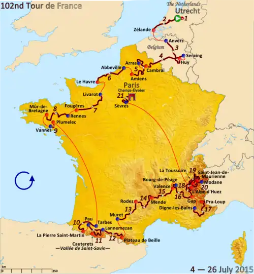 Map of France showing the path of the race going counter-clockwise starting in the Netherlands, going through Belgium, then around France.