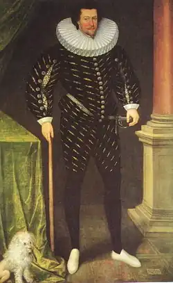 A color portrait of a burly man in English aristocratic costume
