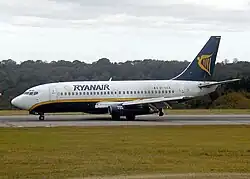 A Ryanair Boeing 737 on the landing roll at Bristol Airport