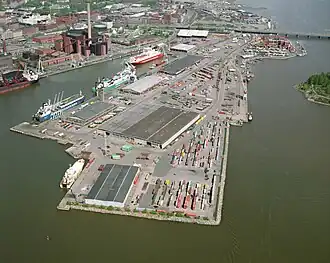 Aerial view of Sörnäinen Harbour in 1994, looking north, with the Hanasaari Power Plant seen on the left