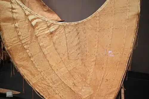 Crab claw sail woven from pandan leaves on a tepukei, an ocean-going outrigger canoe from Temotu, Solomon Islands