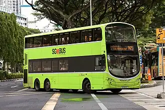 A modern double-decker bus used for urban mass transport in Singapore