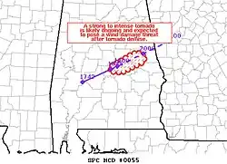 SPC Mesoscale Discussion #55: Old Kingston–Titus–Equality–Lake Martin–Penton, Alabama EF3 tornado