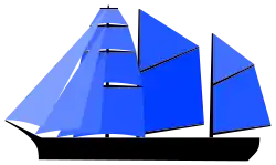 Barquentine: one square-rigged mast (fore) and two or more fore-and-aft rigged (main, mizzen, etc.) masts