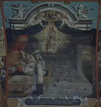 Saint Divy on his death bed. Part of one of the paintings on the vault panels in the roof of the Église Saint-Divy