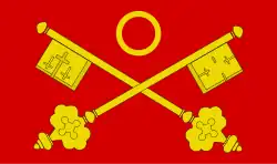 Flag of Saint Peter, Westminster Abbey, flown atop the Abbey on most church festivals. The gold ring represents the ring of Saint Edward, acknowledging him as the Abbey's founder.