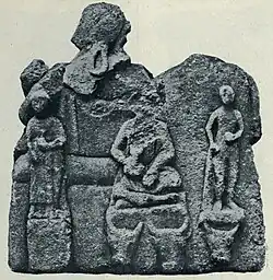 Rear of a relief from Saintes, Charente-Maritime. At the centre is Cernunnos, to the right is Hercules, and to the left is a draped woman.: no 16