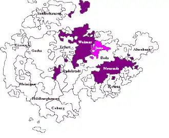Saxe-Weimar, shown within the other Ernestine duchies and      Saxe-Jena, joined to Saxe-Weimar in 1690