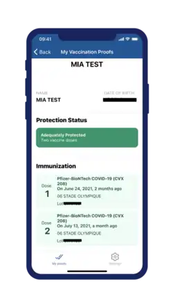 A sample of a valid vaccination passport in Quebec using the VaxiCode app