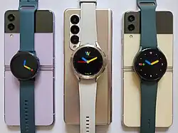 The Samsung Galaxy Watches, paired by Bluetooth with smartphones