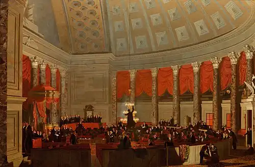 Samuel Morse's 1822 painting The House of Representatives features the U.S. House in session showing the interior design of the original House chamber, now the National Statuary Hall