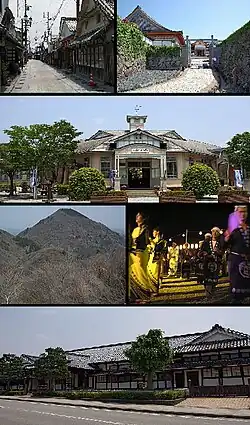 Top left: Kawaramachi-Tsumairi traditional houses preservation area, right: Sasayama Castle Site Second row: Taisho Roman Hall, former Sasayama Town Hall Third row left: Mount Mitake in Taki mountain range, right: Dekansho Bon Odori in August Bottom: Sasayama Historical Museum