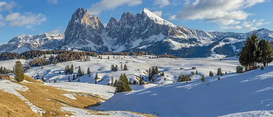 Langkofel Group (Italian: Gruppo del Sassolongo) seen from Seiser Alm during winter.