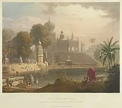 Painting of a bathing area, with buildings in the background