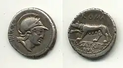 The She-Wolf on a coin from c.77 BC With the head of Mars on the other side.