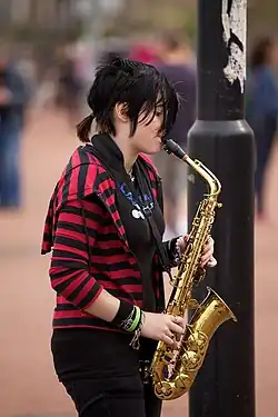 A photograph of a saxophonist at Big Beach Busk 2011