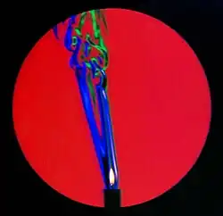 Schlieren image of the thermal plume from a burning candle, disturbed by a breeze from the right