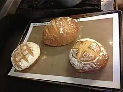 Loaves of rye bread showing several different kinds of scoring patterns