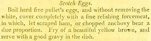 Recipe for scotch eggs, using five pullet eggs covered in forcemeat and fried until brown; served hot with gravy