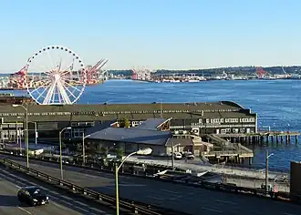 View of the aquarium over the water.