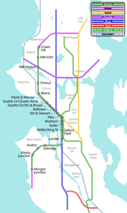 A map of Seattle showing several monorail lines in different colors spreading out from downtown.