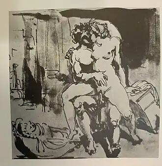 A sepia drawing by Johan Tobias Sergel (1740–1814) that possibly copies one scene from I modi. The scene that it copies can be seen on an engraving that is in the National Library of Spain.