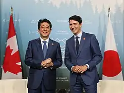 Prime Ministers Shinzō Abe and Justin Trudeau at the 44th G7 summit in La Malbaie, Quebec on June 8, 2018