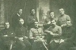 The staff of the Sich Riflemen around 1920 - seated left to right are Mykhailo Matchak, Andriy Melnyk, Yevhen Konovalets, Roman Souchko, Ivan Dankiv and standing left to right are Ivan Androukh, Roman Dachkevitch, Vassyl Koutchabskyi, Yaroslav Tchyj.